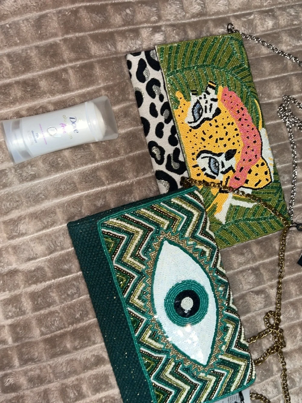 NWT America & Beyond Beaded Leopard Clutch with silver strap